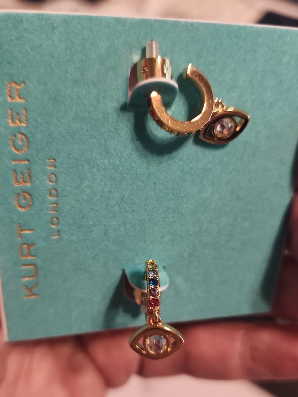 Kurt Geiger Gold Evil Eye Hoop Drop Earrings with Clear Stones - Picture 3 of 3